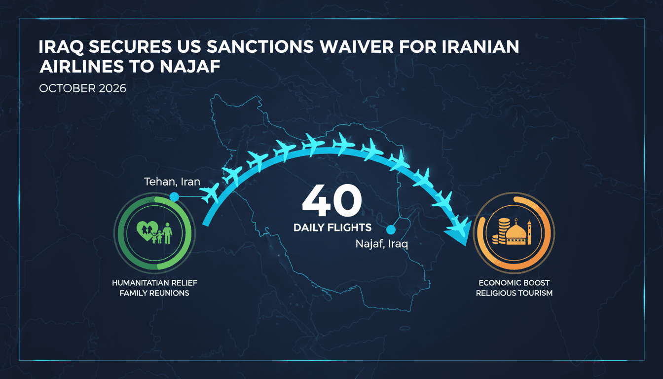 Infographic showing 40 daily flights from Iranian airlines to Najaf, highlighting travel and economic impacts.