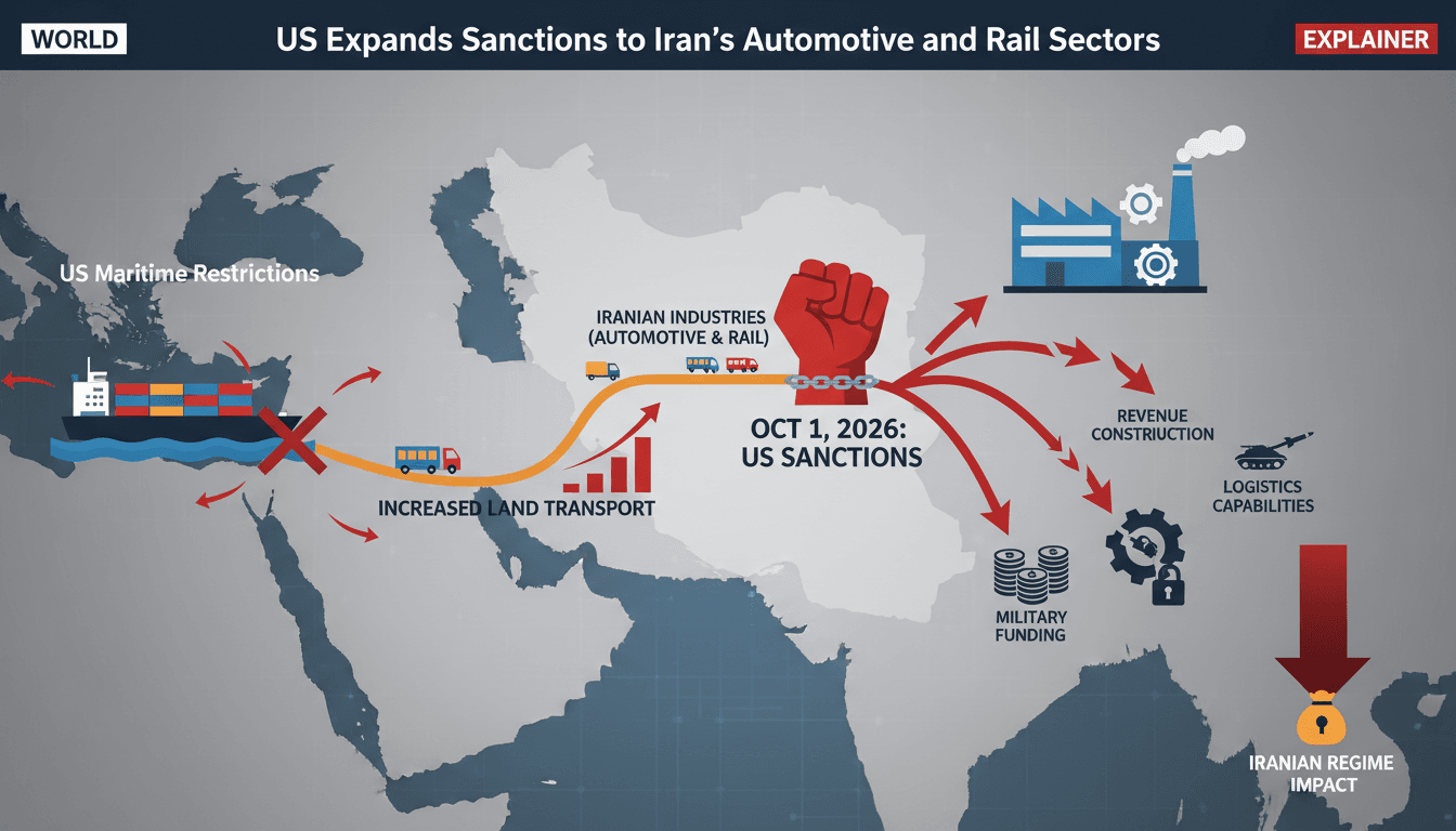 Infographic showing the impact of US sanctions on Iran's automotive and rail sectors, highlighting supply chain disruptions.
