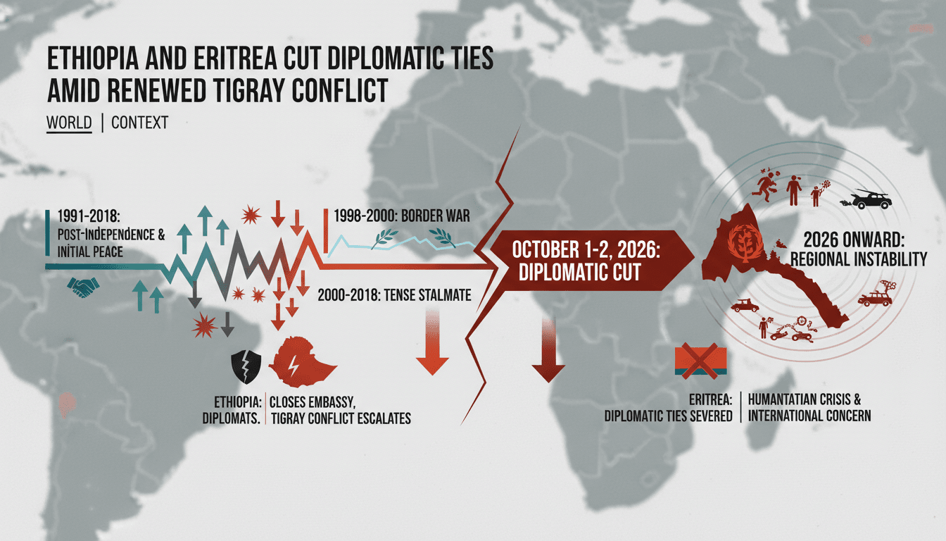 A map highlighting Ethiopia and Eritrea with conflict zones marked, illustrating the severed diplomatic relations.