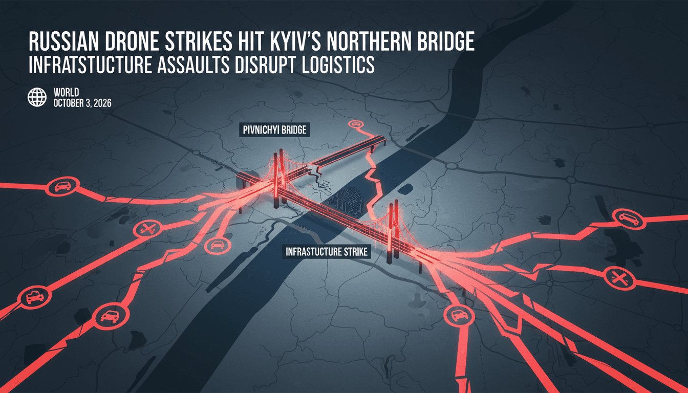 A map highlighting the Pivnichnyi and Pivdennyi Bridges in Kyiv, showing recent drone strike impacts.
