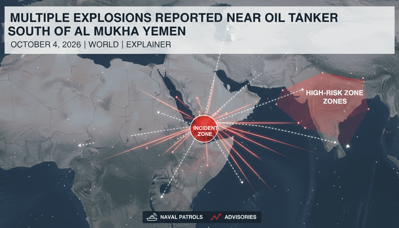 Map showing the location of explosions near an oil tanker south of Al Mukha, Yemen, highlighting maritime security risks.