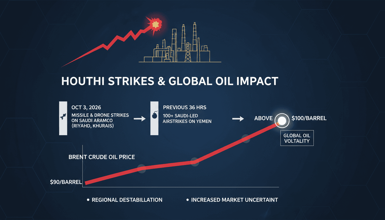 A visual representation of Houthi missile strikes on Saudi Aramco facilities and their impact on oil prices.