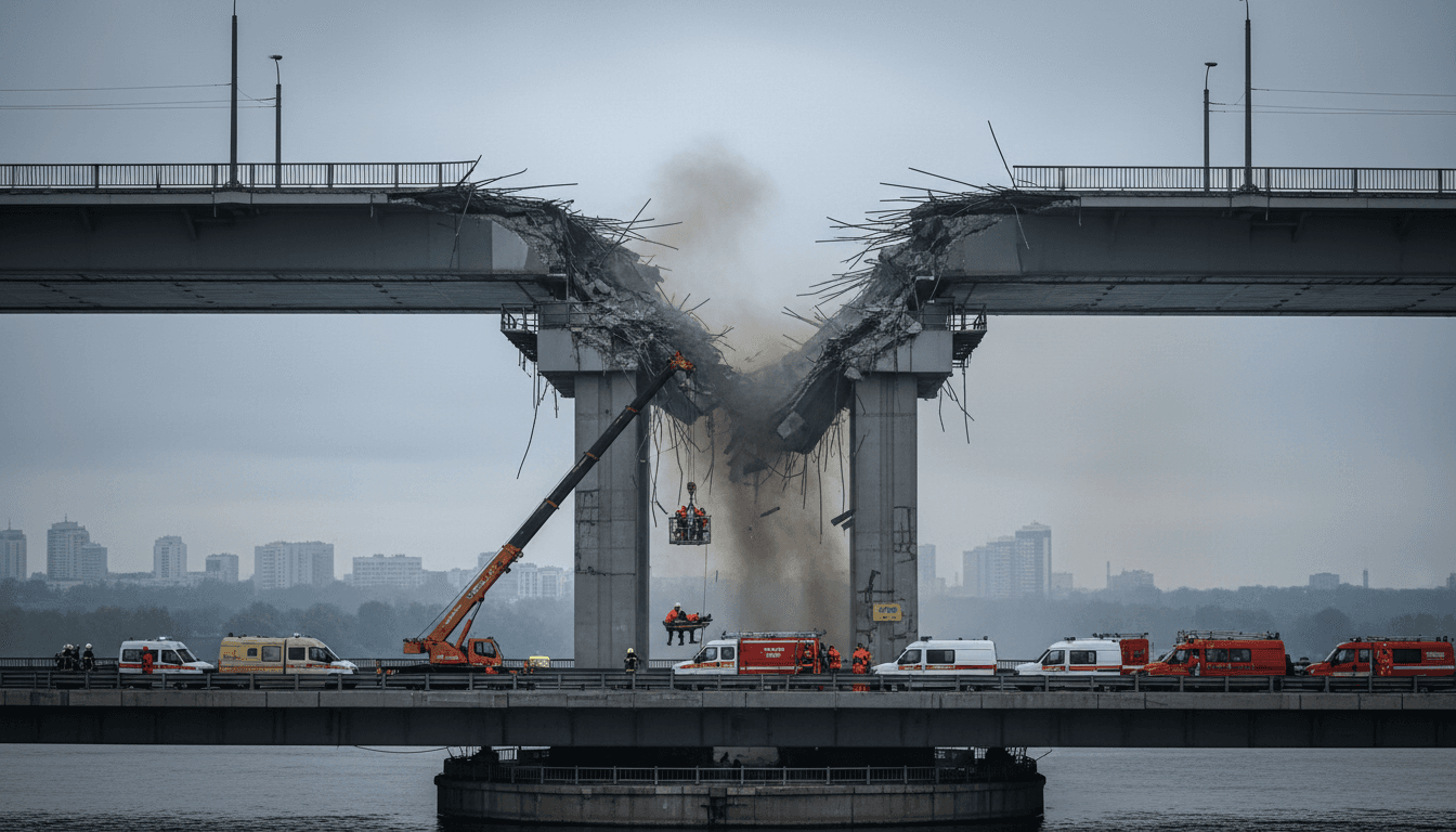 Emergency responders at the damaged Northern Bridge in Kyiv following a Russian drone strike during Chancellor Merz's visit.