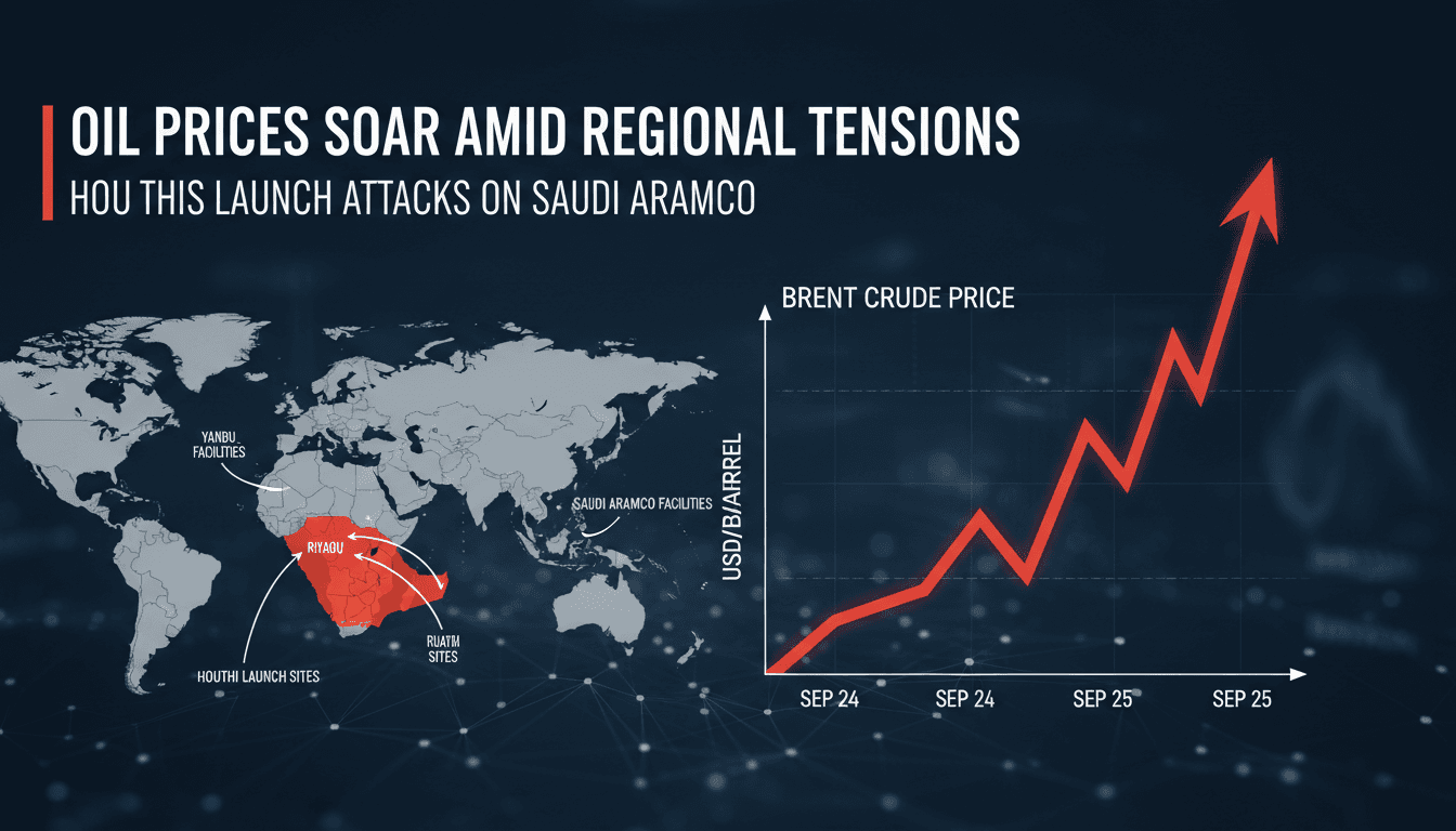 A graphic showing the surge in Brent crude prices following Houthi attacks on Saudi Aramco facilities.