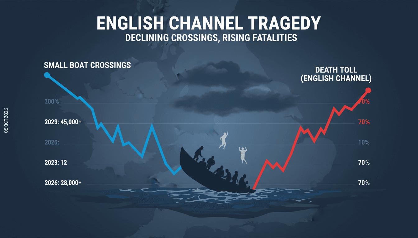 A small boat in distress on the English Channel, illustrating the migrant crisis and recent fatalities.