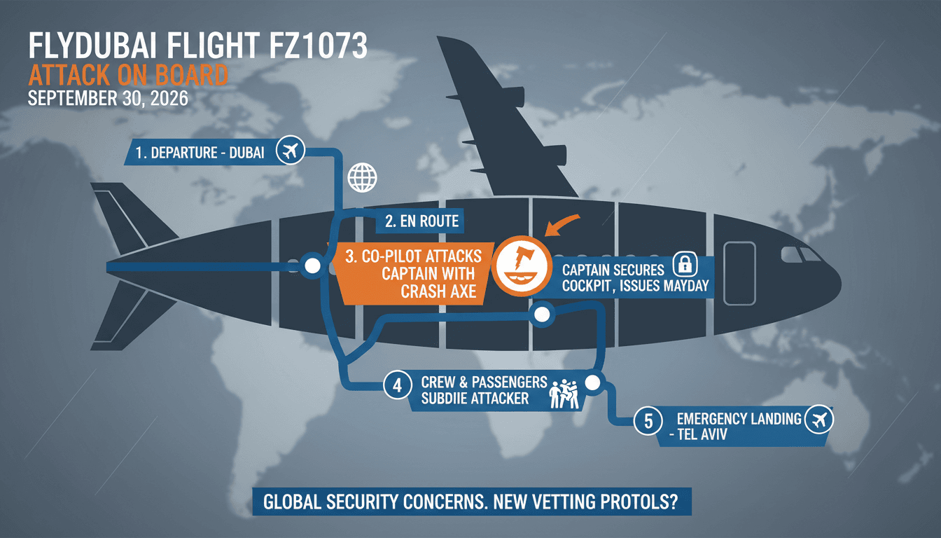 Infographic detailing the Flydubai Flight FZ1073 cockpit assault and its implications for aviation security.