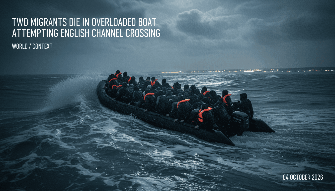 An overcrowded inflatable boat in the English Channel, representing the dangers of migrant crossings.