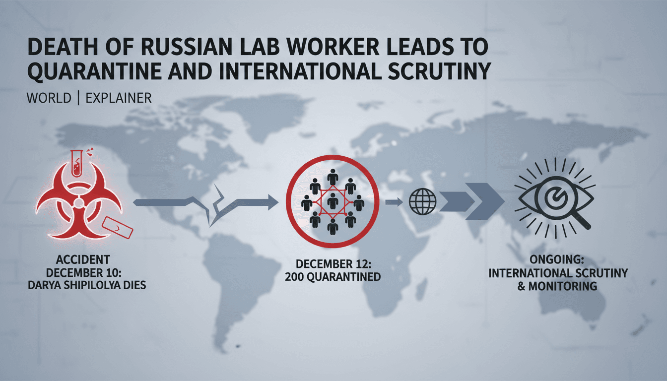 Infographic showing timeline of events related to the Russian lab worker's death and subsequent quarantine measures.