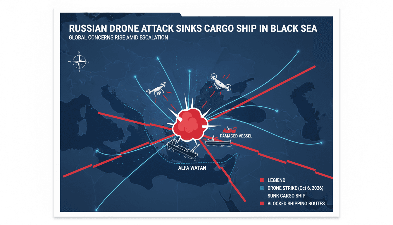 A map highlighting the Black Sea region with markers for the drone attack locations and affected shipping routes.