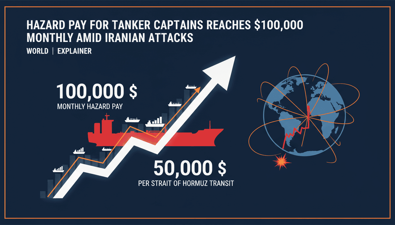 Infographic showing the increase in hazard pay and freight rates for tanker transits through the Strait of Hormuz.