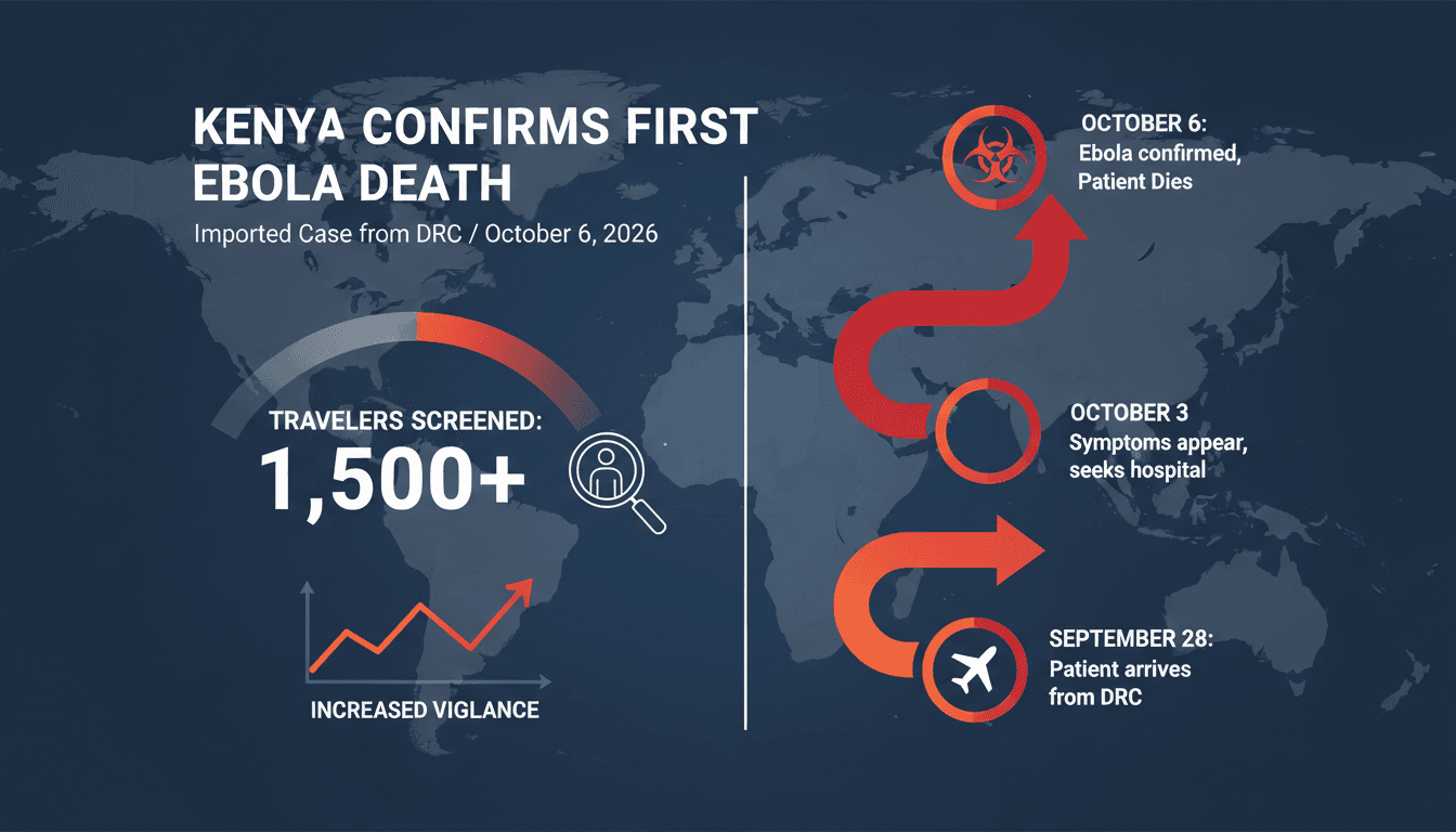Infographic showing Kenya's Ebola case timeline and traveler screening statistics.