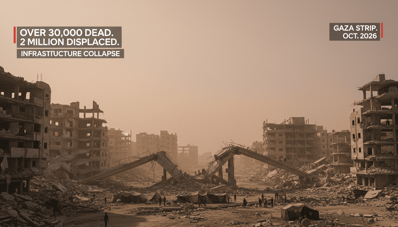 Aerial view of Gaza showing extensive destruction and damaged buildings, highlighting the ongoing humanitarian crisis.