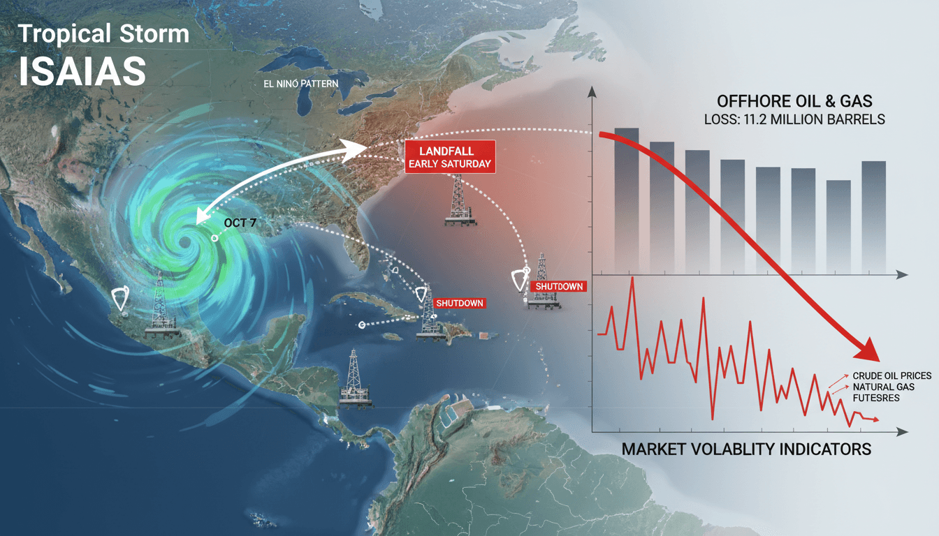 A visual representation of Tropical Storm Isaias' projected path and its potential impact on Gulf energy production.