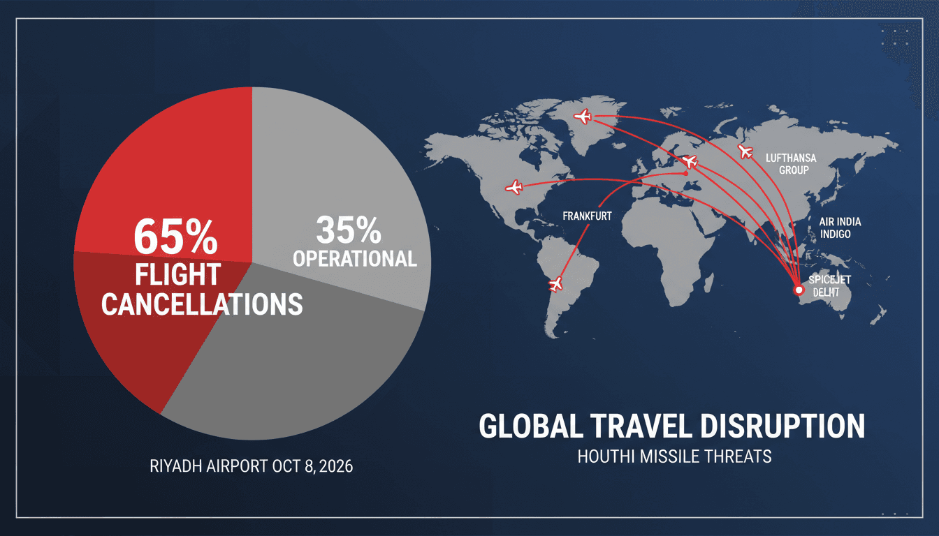 A graphic showing flight cancellations at Riyadh airport due to Houthi missile threats impacting travel in the Middle East.