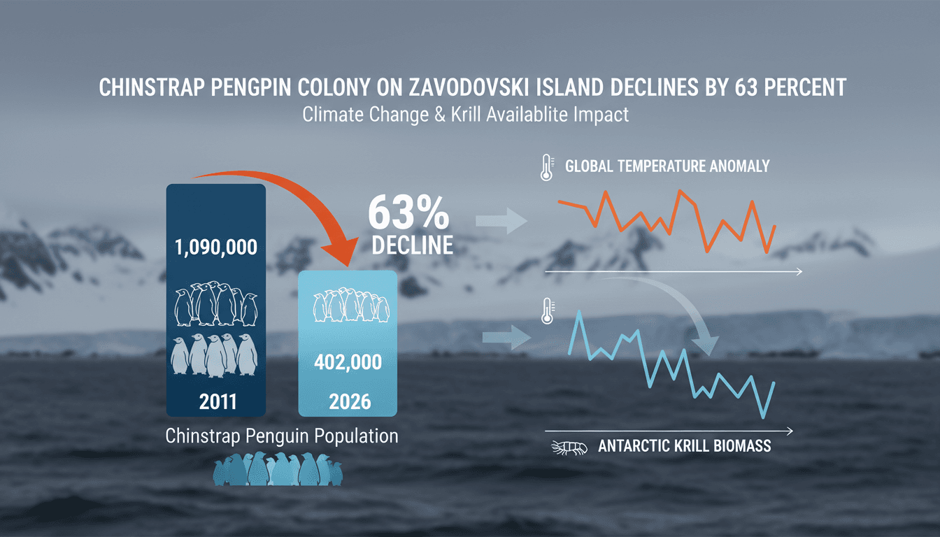 Infographic showing the decline of chinstrap penguins on Zavodovski Island and its relation to climate change impacts.