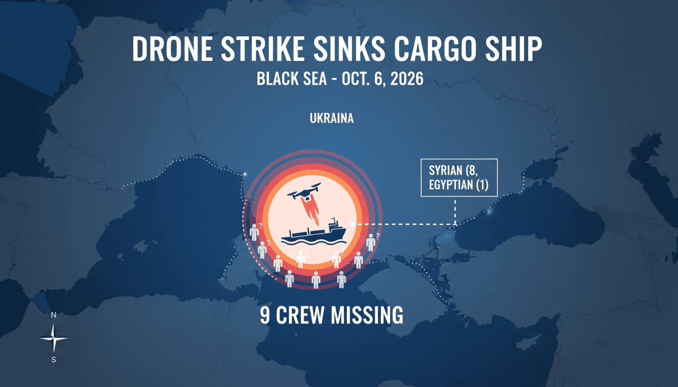 A map highlighting the location of the drone strike on the Alfa Watan in the Black Sea, with details on the missing crew members.