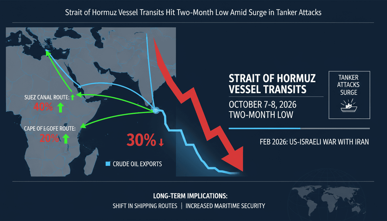 A graphic showing the decline in vessel transits through the Strait of Hormuz and alternative shipping routes.