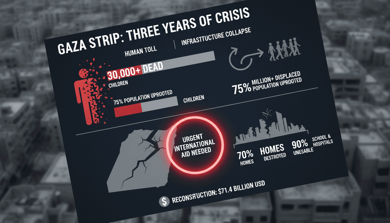 Infographic detailing casualties and destruction in Gaza since the October 7, 2023, Hamas-led attack.