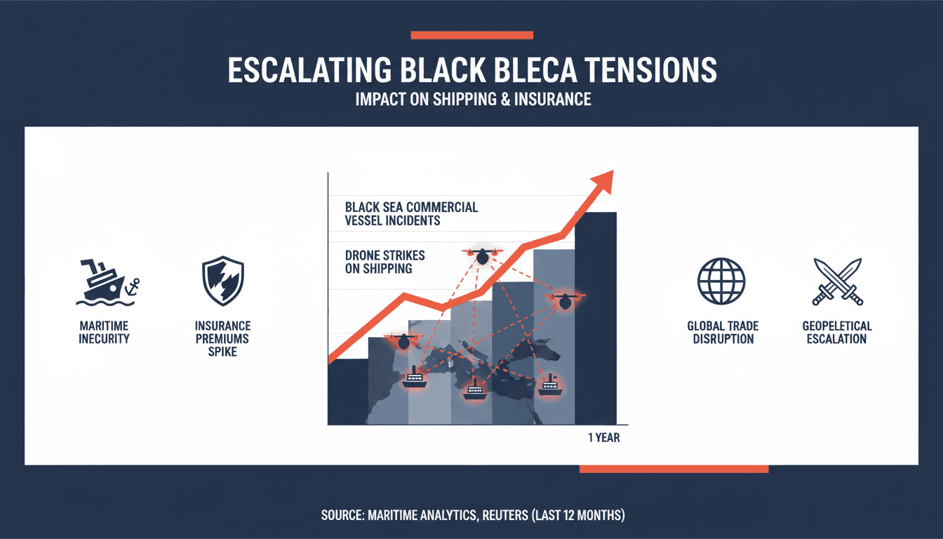 Infographic showing the rise in drone strikes on commercial vessels in the Black Sea and its impact on shipping and insurance.