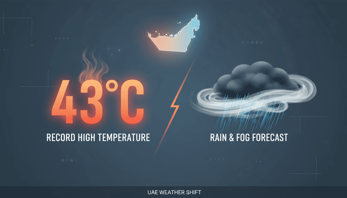 A weather graphic showing UAE's peak temperature of 43°C with rain and fog forecasts.