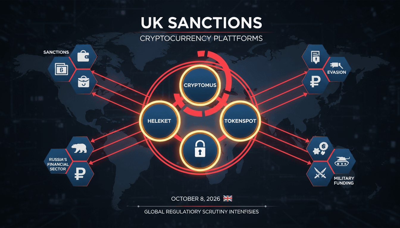 Infographic illustrating UK sanctions on Cryptomus, Heleket, and TokenSpot with financial connections to Russia.