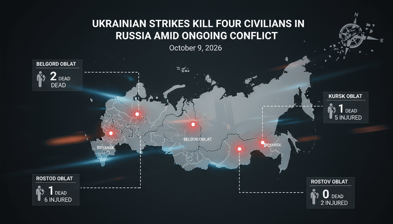 Map showing locations of Ukrainian strikes in Russia with civilian casualty figures.