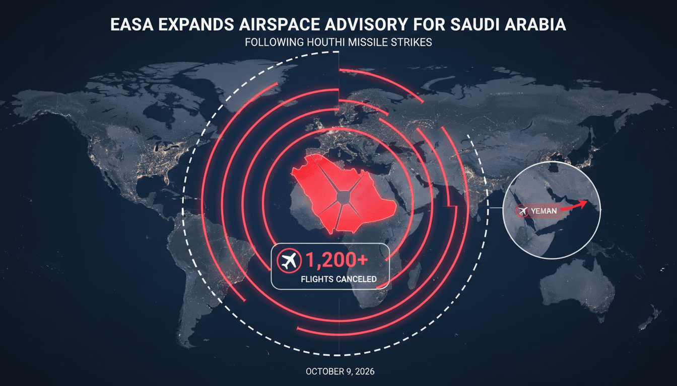 Infographic showing flight cancellations and EASA's expanded advisory in Saudi Arabia.