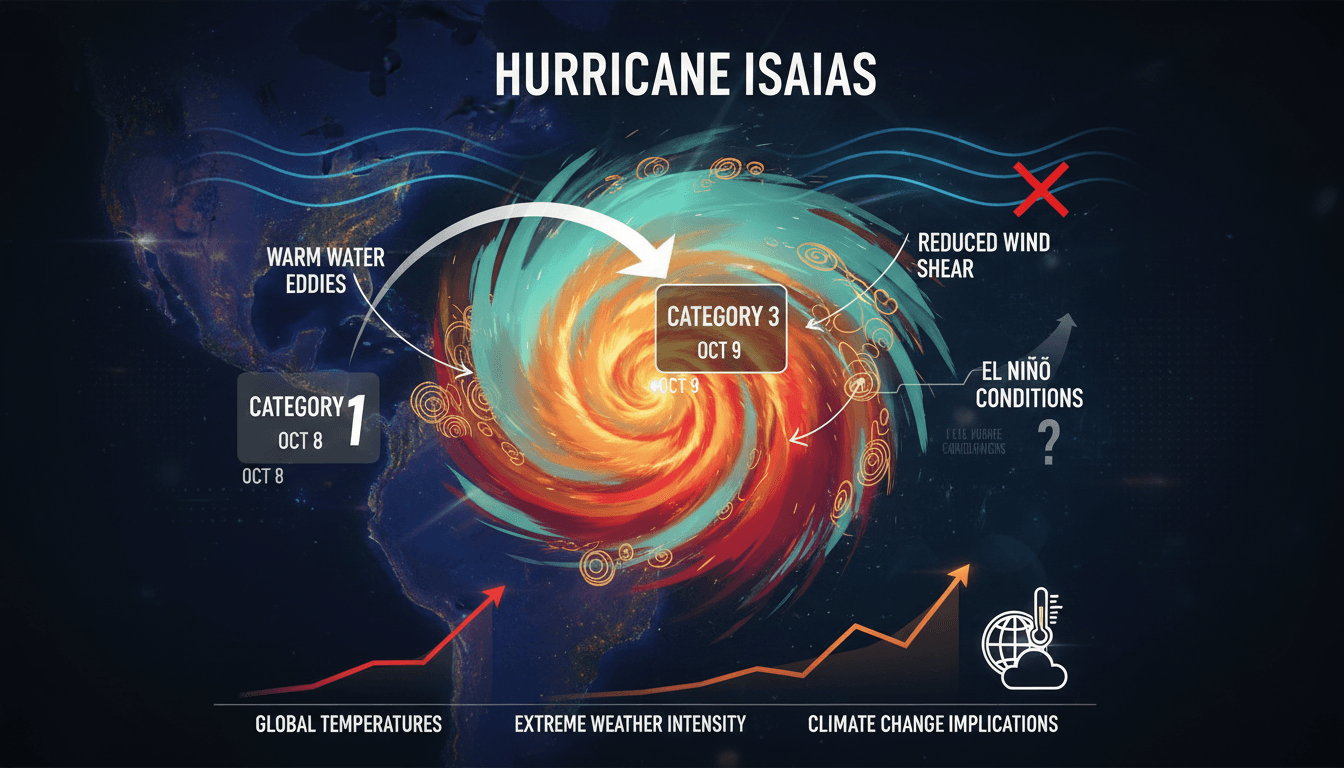 Infographic showing Hurricane Isaias's rapid intensification, warm Gulf waters, and wind shear effects.