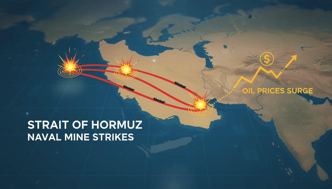 Map of the Strait of Hormuz showing tanker routes and recent explosions impacting oil prices.