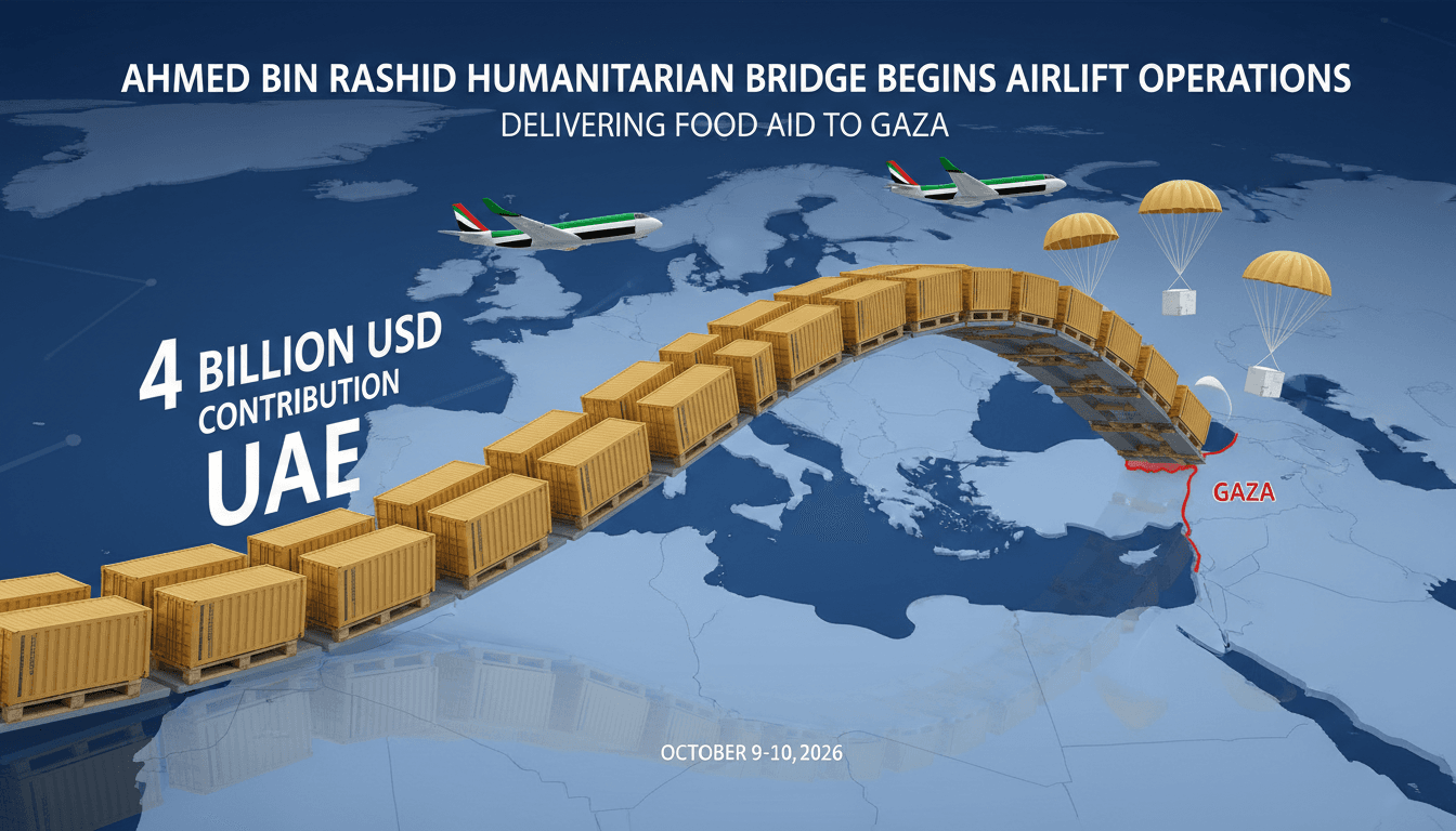 Infographic detailing the Ahmed bin Rashid Humanitarian Bridge's food aid operations to Gaza, highlighting the 4 billion USD contribution from the UAE.