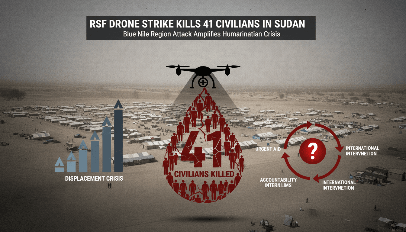 A graphic depicting the aftermath of the RSF drone strike in Sudan, highlighting civilian casualties and the humanitarian crisis.