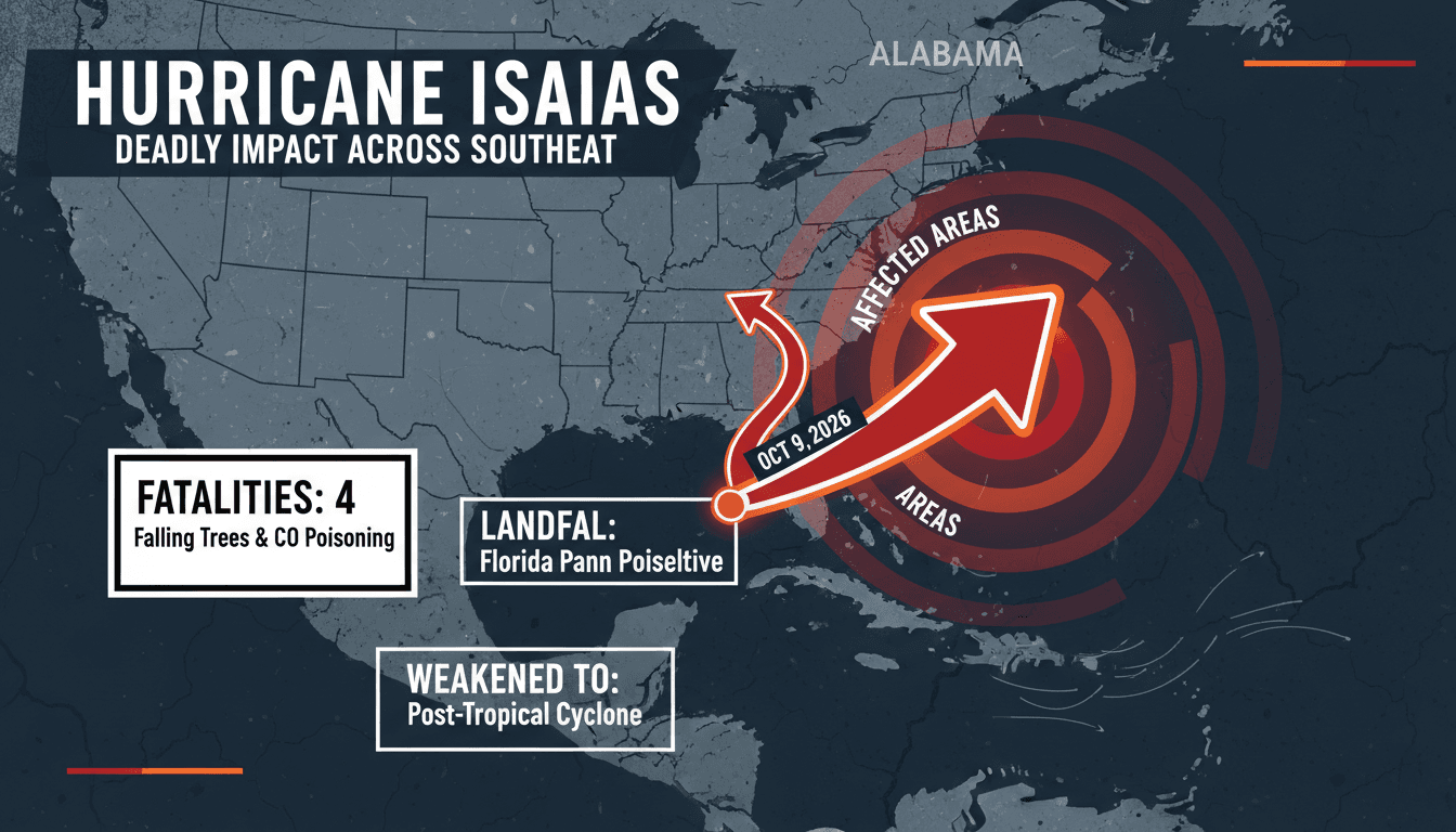 Infographic showing Hurricane Isaias's path, affected areas, and key statistics on fatalities and power outages.