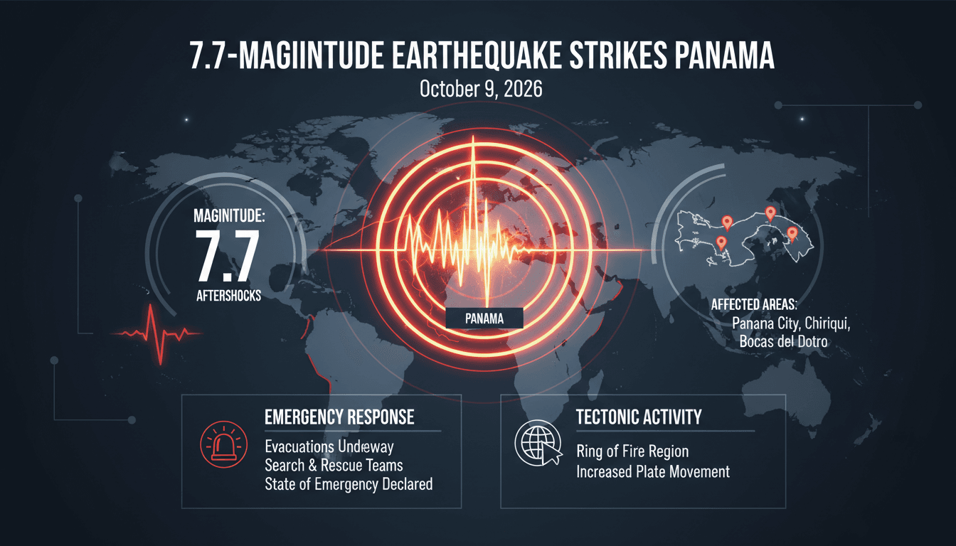 Infographic detailing the 7.7-magnitude earthquake in Panama, including affected areas and emergency responses.