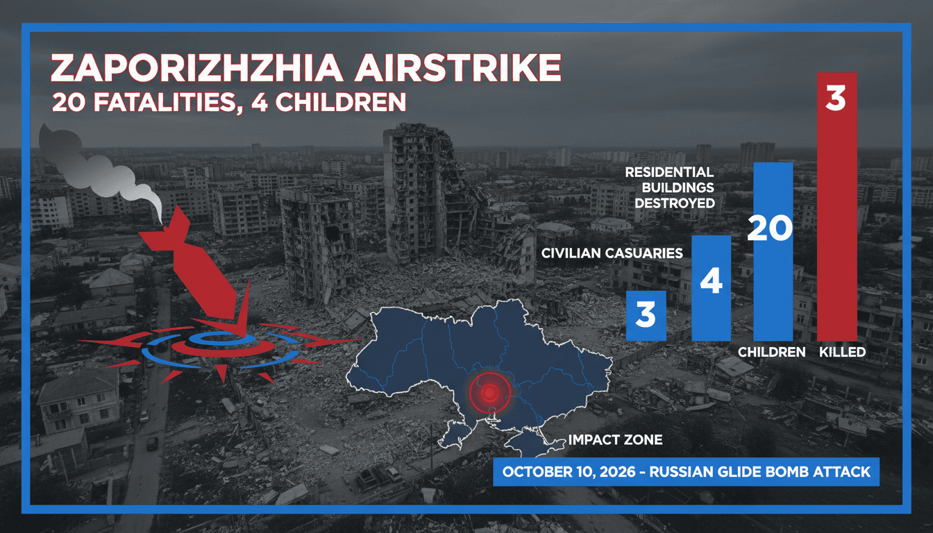 Infographic detailing the Russian glide bomb strike in Zaporizhzhia, highlighting casualties and affected areas.