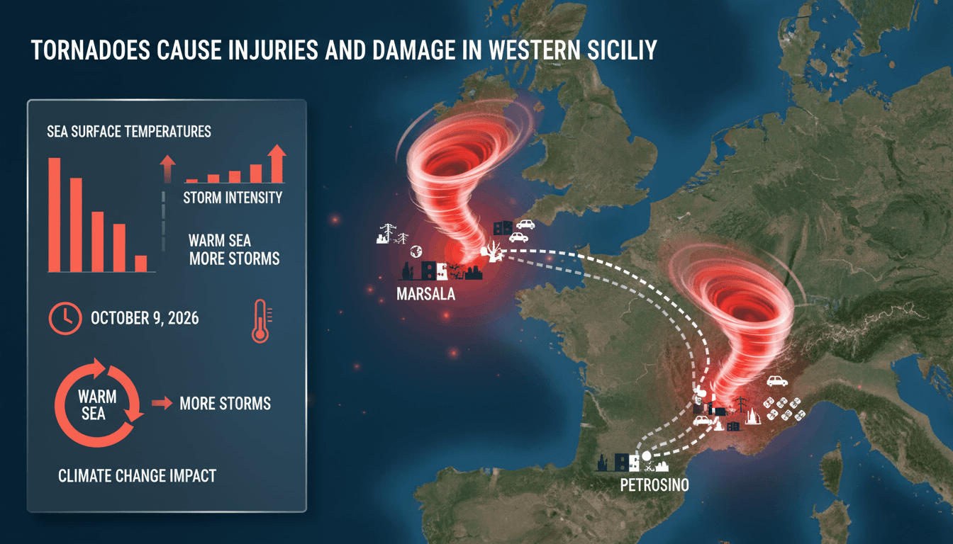 A map showing the tornado path and damage areas in Marsala and Petrosino, Sicily.