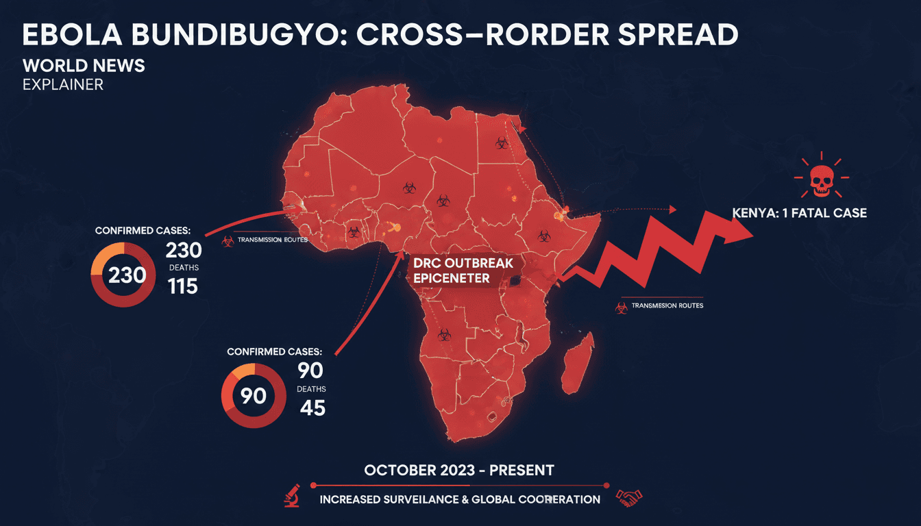 Infographic showing the Ebola Bundibugyo outbreak spread, confirmed cases, and cross-border transmission routes.