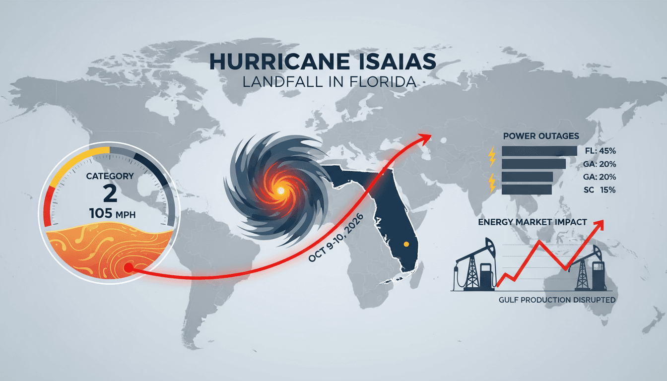 Infographic showing Hurricane Isaias path, power outages, and energy market effects.