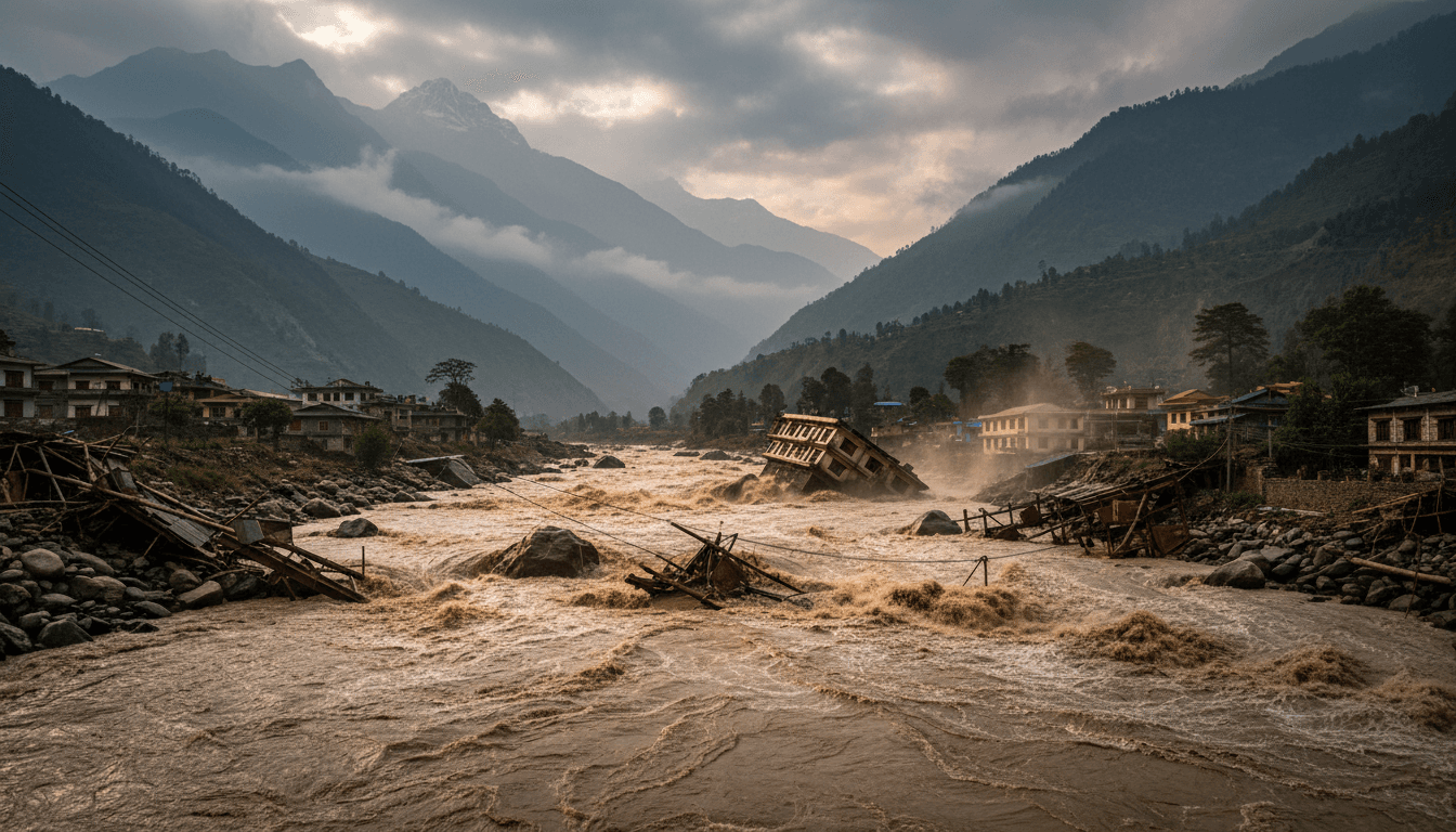 Floodwaters sweeping away structures in Nepal's Gorkha District after a landslide dam burst.