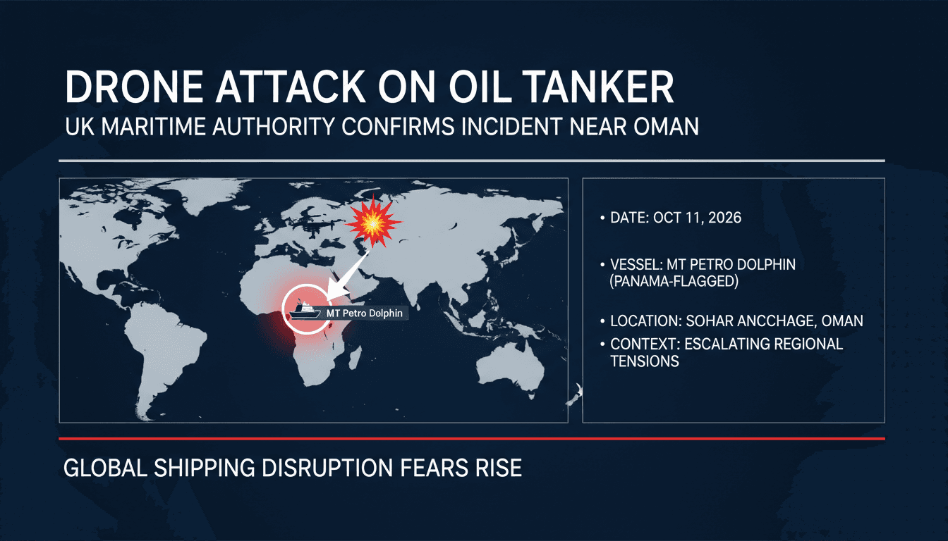 A map highlighting the location of the drone attack on the oil tanker near Sohar anchorage in Oman.