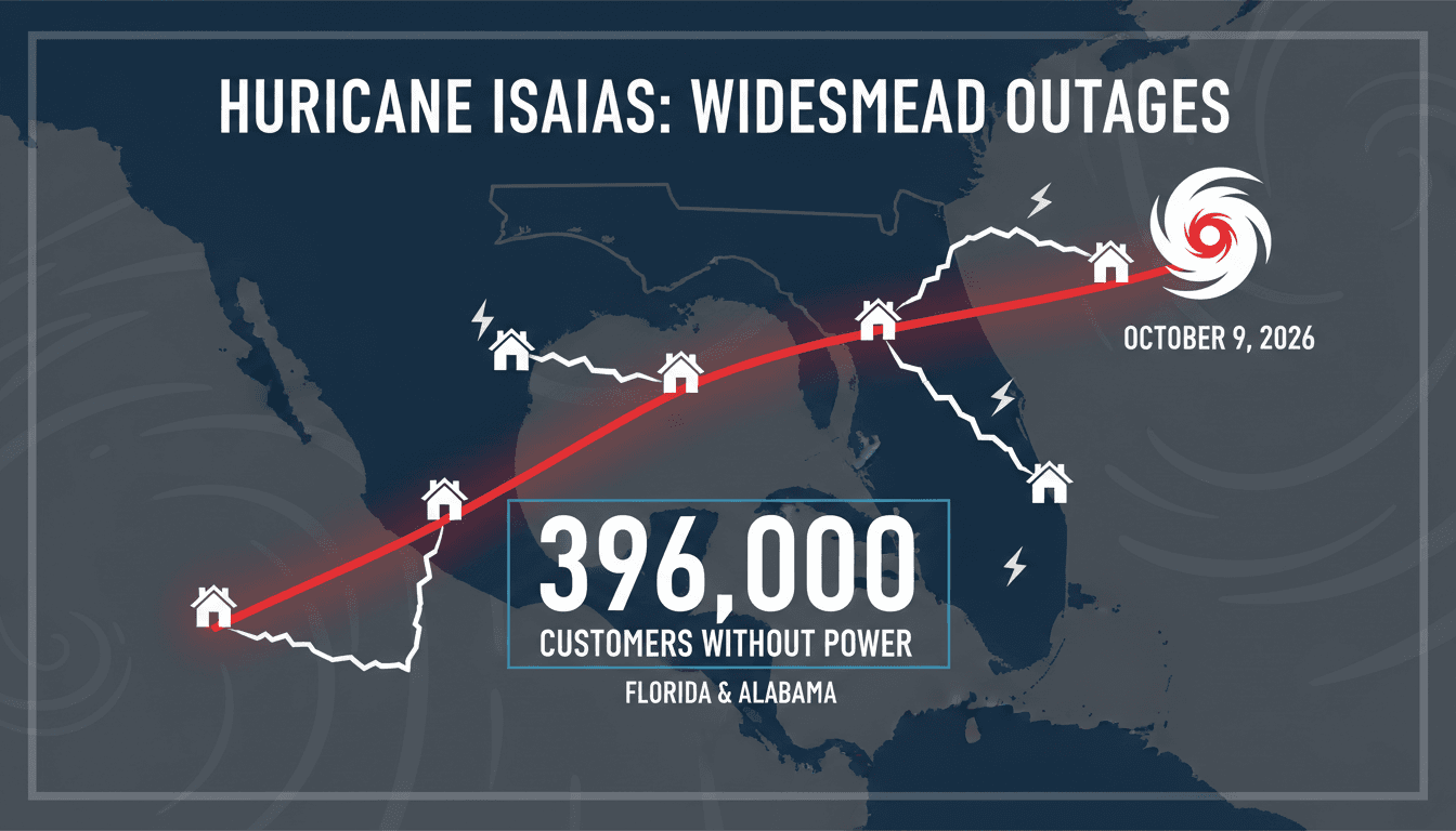 Infographic showing Hurricane Isaias path and power outage statistics in Florida and Alabama.