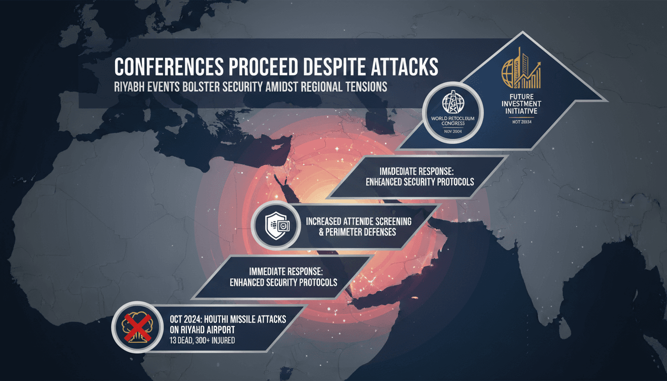 A graphic illustrating the World Petroleum Congress and Future Investment Initiative in Riyadh amidst security concerns.