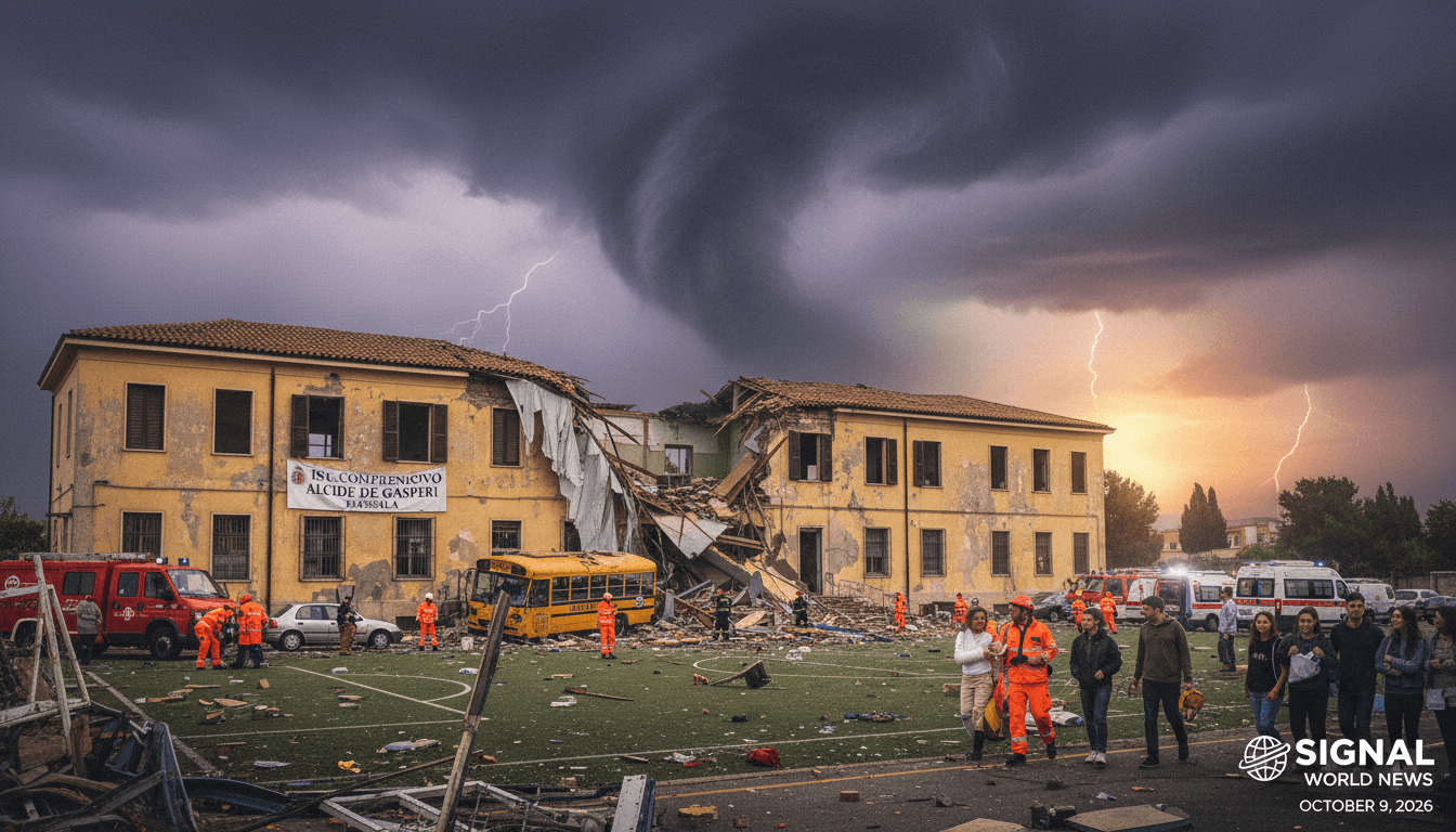 Tornado damage at Alcide De Gasperi school in Sicily, emphasizing climate-induced risks.