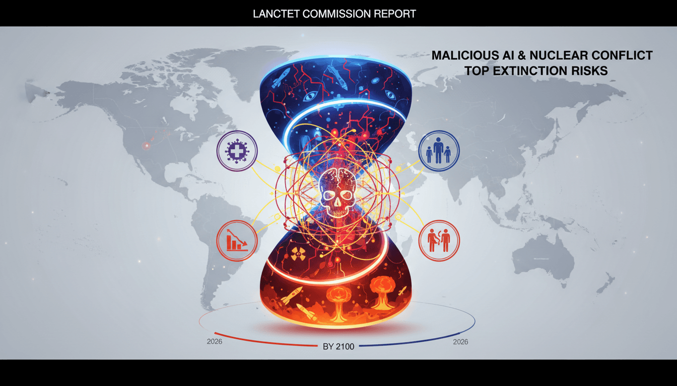 Infographic showing the risks of malicious AI and nuclear conflict, highlighting their potential impact on global health and safety.