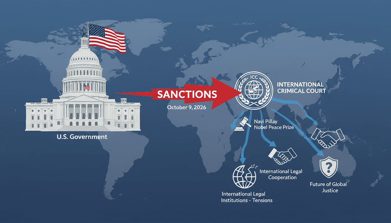 Infographic showing the impact of Trump administration sanctions on the ICC and international legal frameworks.