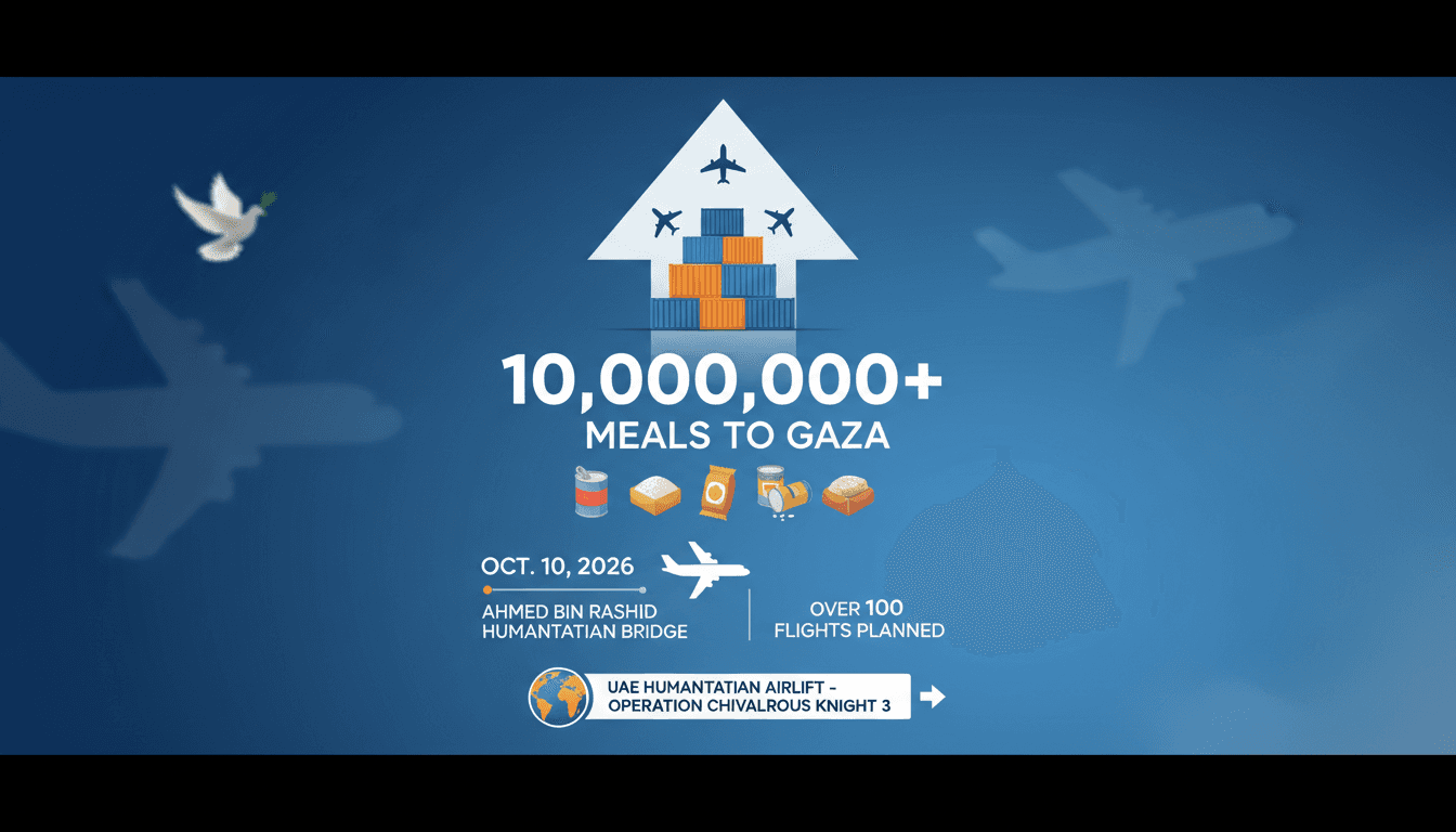 Infographic detailing the UAE's humanitarian airlift to Gaza, showcasing meal counts and shipment logistics.