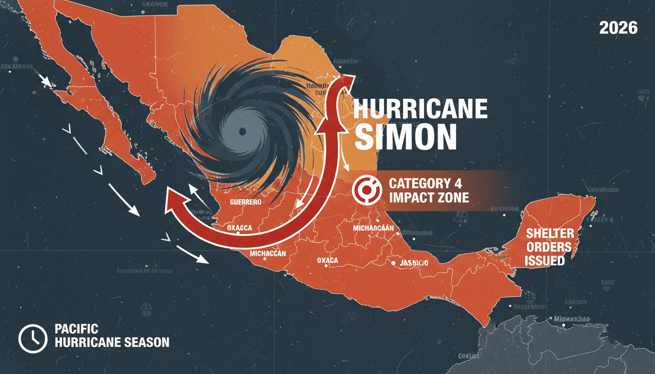 Hurricane Simon's path along the Mexican coast with shelter orders and rainfall forecasts.