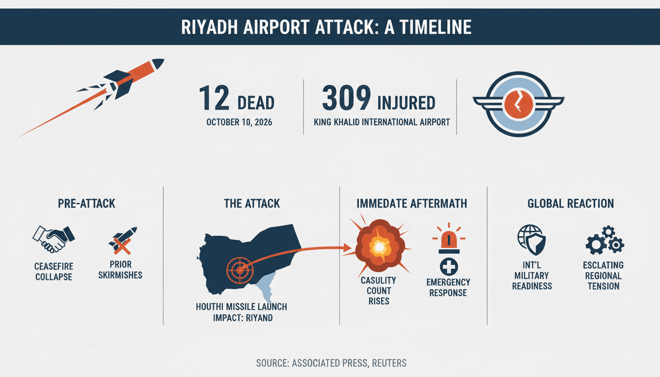 Infographic detailing the Houthi missile attack on Riyadh Airport, including casualties and international responses.