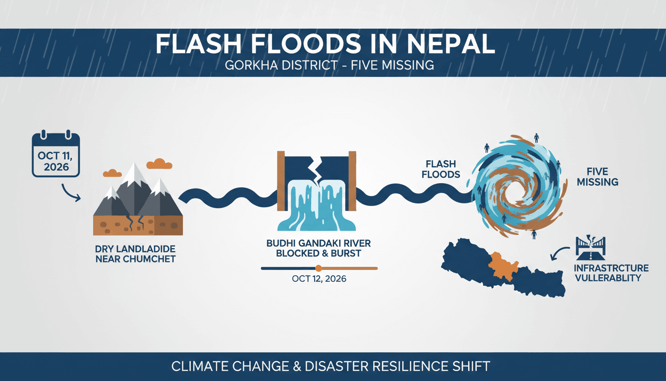 Aerial view of the flood-affected areas in Gorkha district, Nepal, highlighting the impact of the Budhi Gandaki River surge.