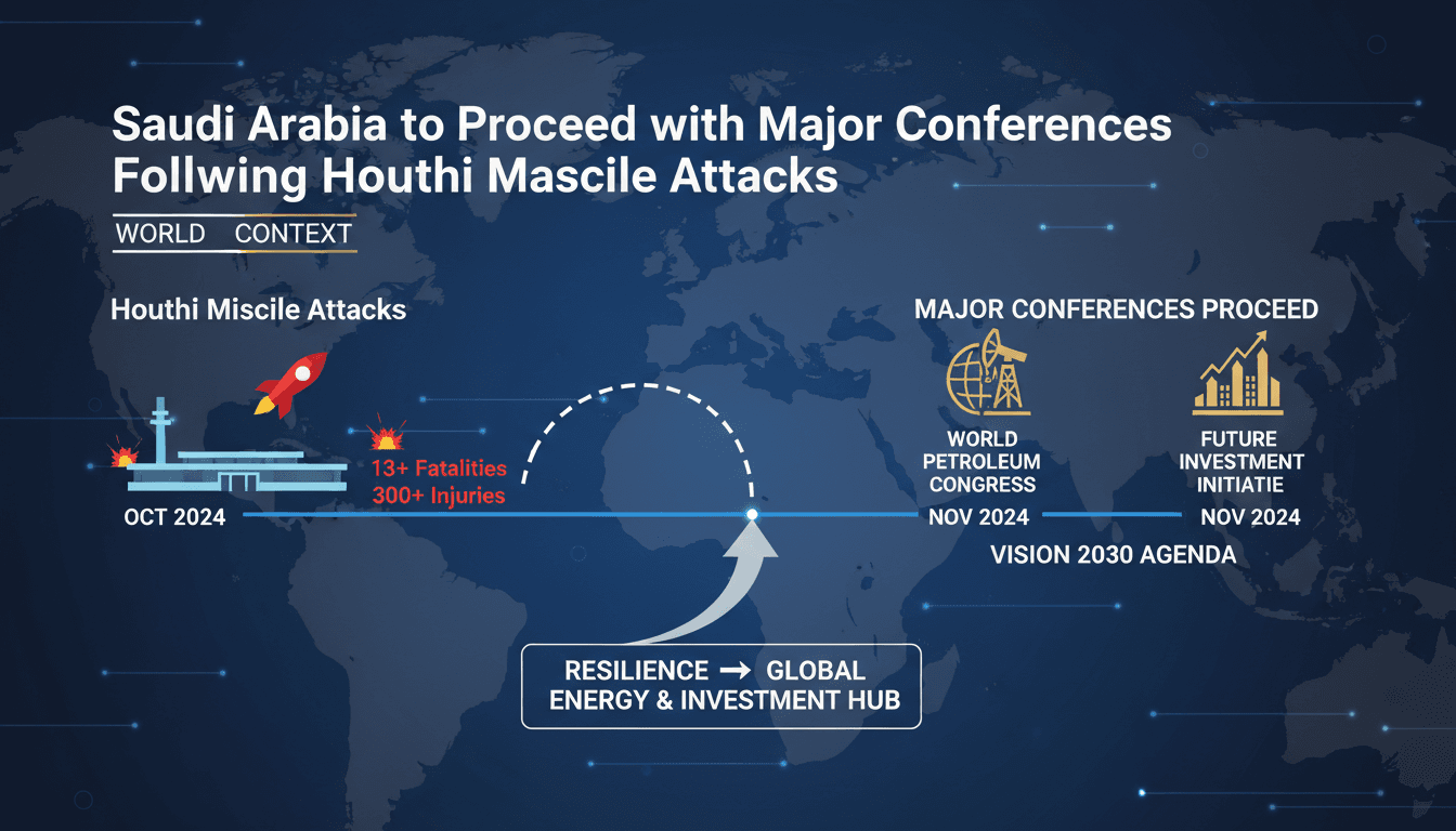 A visual timeline of Houthi missile attacks and upcoming energy conferences in Riyadh, highlighting Saudi Arabia's resilience.