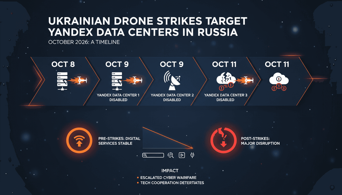 A visual representation of the impact of Ukrainian drone strikes on Yandex data centers and digital services.